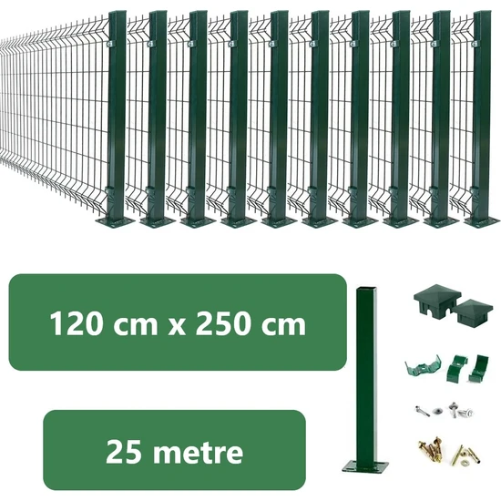 Fence Company  120 Cm x 25 Metre  Panel Çit Takım | Yeşil  (Aksesuarlar Dahil)