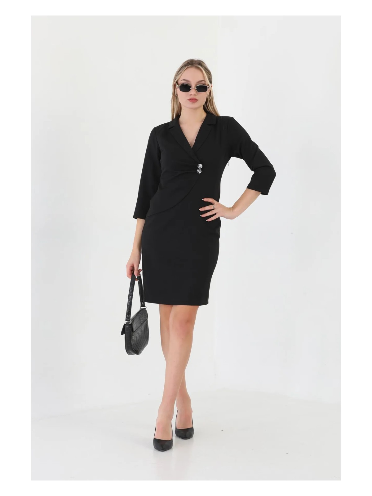 Etselements Element's Kadın Lacivert Kruvaze Yaka ve Ön Kısmı Düğme Detaylı Ofis Elbise ETS5221LACI