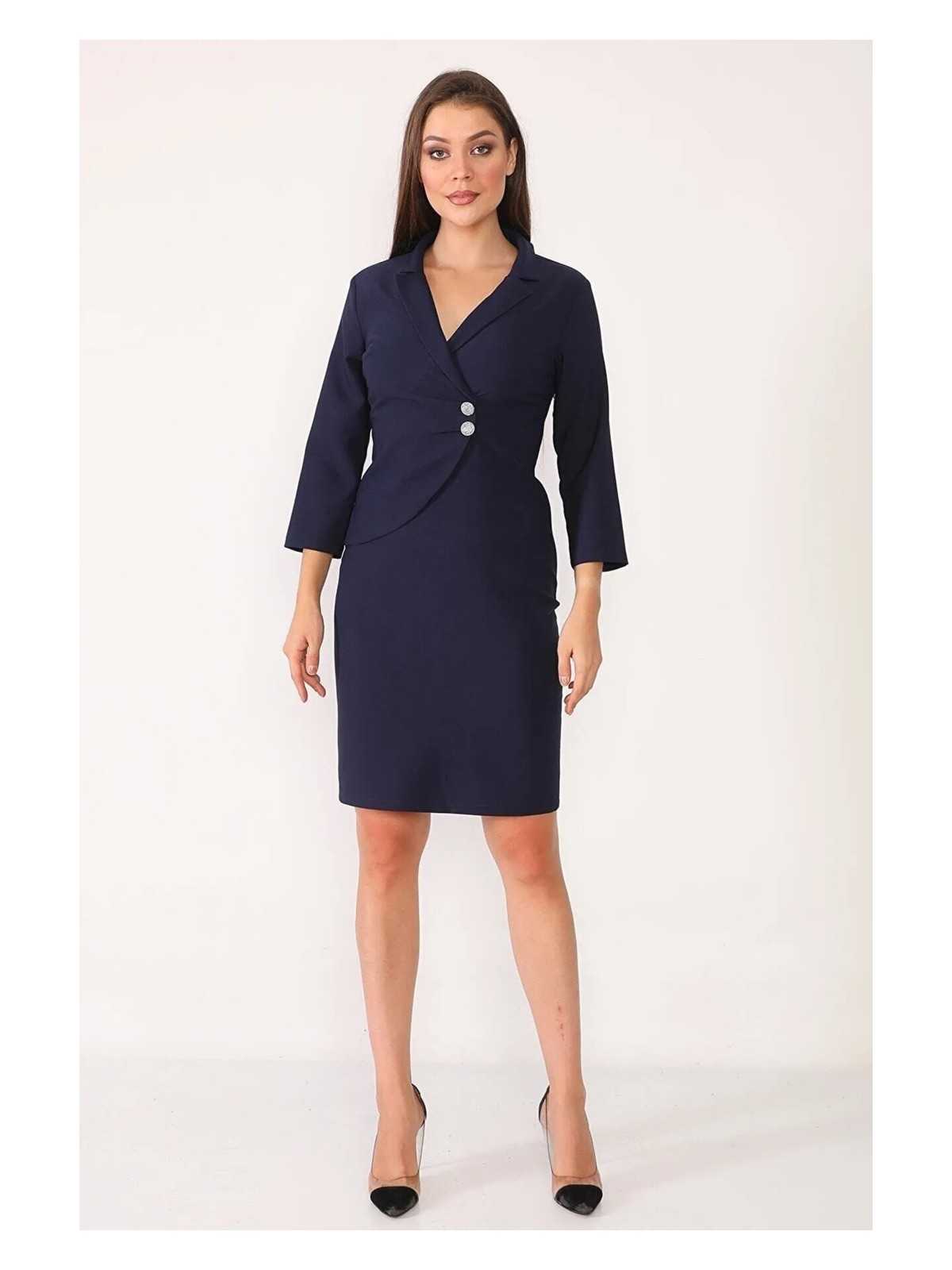 Etselements Element's Kadın Lacivert Kruvaze Yaka ve Ön Kısmı Düğme Detaylı Ofis Elbise ETS5221LACI