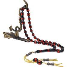 Kırmızı Siyah Sürmeli Toz Kehribar 9*13 mm Büyük Boy Beyzi Kesim Tesbih 24 Ayar Altın Kaplama Süpürgeli Püsküllü Tespih