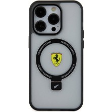 Ferrari iPhone 15 Pro Uyumlu Kılıf Ferrari Magsafe Şarj Özellik Standlı Buzlu Yüzey Dizayn Transparan Siyah