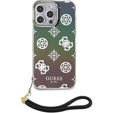 Guess iPhone 15 Pro Kılıf Guess Orjinal Lisanslı Yazı Logolu Askı Ipli Holografik Glitter Peony Siyah