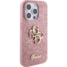 Guess iPhone 15 Pro Max Uyumlu Kılıf Guess Orjinal Lisanslı 4g Büyük Metal Logolu Glitter Kapak Pembe