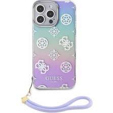 Guess iPhone 15 Pro Max Kılıf Guess Orjinal Lisans Yazı Logolu Askı Ipli Holografik Glitter Peony Mor