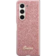 Guess Galaxy Z Fold 5 Uyumlu Kılıf Guess Orjinal Lisanslı Yazı Logolu Glitter Script Kapak Pembe