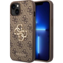 Guess iPhone 15 Uyumlu Kılıf Guess Orjinal Lisanslı Pu Deri Yazı ve 4g Metal Logolu Desen Kapak Kahverengi