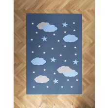 Mekta Home Bebek ve Çocuk Odası Gri ve Mavi Bulut Desenli Halı