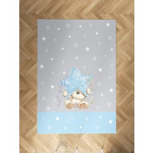 Mekta Home Bebek ve Çocuk Odası Yıldız ve Ayıcık Desenli Mavi Çizgili Halı