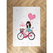 Mekta Home Bebek ve Çocuk Odası Bisikletli Kız ve Kalpli Balon Desenli Halı