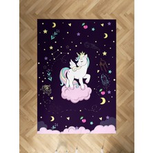 Mekta Home Bebek ve Çocuk Odası Pembe Bulut Üzerinde Unicorn Desenli Mor Halı