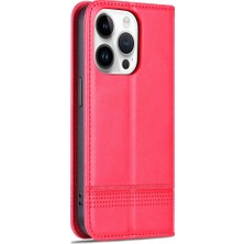 Azns Iphone 15 Pro Max Red Için Azns Manyetik Buzağı Doku Pu Kılıfı (Yurt Dışından)