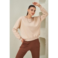 Tena Moda Kadın Taş Bisiklet Yaka Üç Iplik Basic Sweatshirt
