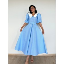 Küçüğüm Butik Yakalı Mavi Puantiyeli Balon Kol Kloş Elbise