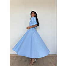 Küçüğüm Butik Yakalı Mavi Puantiyeli Balon Kol Kloş Elbise