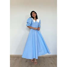 Küçüğüm Butik Yakalı Mavi Puantiyeli Balon Kol Kloş Elbise