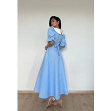 Küçüğüm Butik Yakalı Mavi Puantiyeli Balon Kol Kloş Elbise