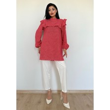 Küçüğüm Butik Kırmızı Puantiyeli Fırfırlı Uzun Poplin Tunik