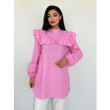 Küçüğüm Butik Pembe Puantiyeli Fırfırlı Uzun Poplin Tunik
