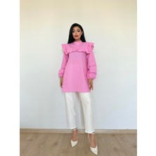 Küçüğüm Butik Pembe Puantiyeli Fırfırlı Uzun Poplin Tunik