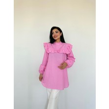 Küçüğüm Butik Pembe Puantiyeli Fırfırlı Uzun Poplin Tunik