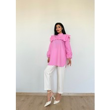 Küçüğüm Butik Pembe Puantiyeli Fırfırlı Uzun Poplin Tunik