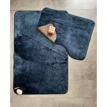 Bonny Home Ultrasoft Düz Lacivert 2'li Banyo Halısı Paspası Seti Kaymaz Deri Tabanlı Yıkanabilir Klozet Takımı