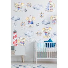 Msticker Kaptan Fil ve Arkadaşları Sevimli Çocuk Bebek Odası Sticker Seti, Cam Duvar Sticker Çocuk Odası