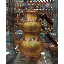 Bakır Center Bakır Çaydanlık El Işlemesi Çiçek Desenli Gold Renk Erzincan Işlemeli Büyük Aile Boy Bakır Demlik