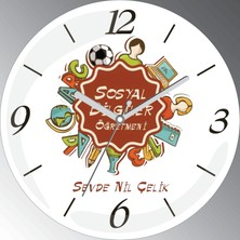 Art Hediye Kişiye Özel Sosyal Bilgiler Öğretmeni Çap 30CM  Bombeli Gerçek Cam Duvar Saati