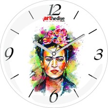 Art Hediye Frida Kahlo Çiçekli Çap 30CM Sessiz Akar Bombeli Gerçek Cam Duvar Saati