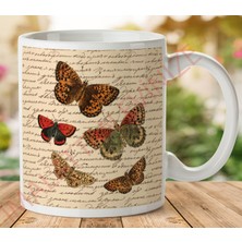 Art Hediye 1-548 Kelebekler Vintage Krem Iki Tarafı Baskılı Kupa Bardak