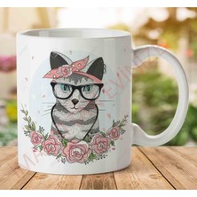 Hipster Çiçekli Kedi Iki Tarafı Baskılı Kupa Bardak