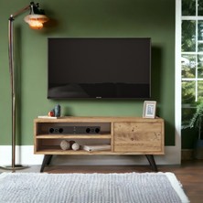 L'occi Concept Diamond 110 cm Tv Ünitesi Tv Sehpası Ahşap Ayaklı Raflı Kapaklı Çam DA1-A