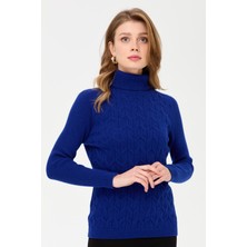 Desen Triko Kadın Tam Balıkçı Yaka Önü Yürütmeli Yün Kazak K.s.mavi