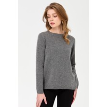 Kadın Sıfır Yaka Klasik Yün Kazak Füme