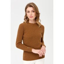 Desen Triko Kadın Sıfır Yaka Kol Ucu Düğmeli Yün Kazak K.taba