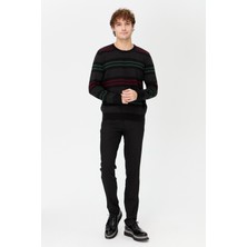 Erkek Sıfır Yaka Renkli Çizgili Klasik Yün Kazak Siyah