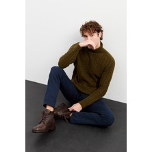 Erkek Balıkçı Yaka Saç Örgülü Yün Kazak A.yeşil