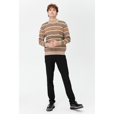 Erkek Yarım Balıkçı Yaka Renkli Çizgili Yün Kazak K.bej