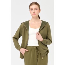 Desen Triko Kadın Kapüşonlu Fileli Yan Cepli Sweat Haki