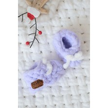 Tosbiq Baby Yenidoğan Peluş Yumuşak Panduf 0-3M Beyaz Fiyonklu Lila Unisex Baby Shower Hediyesi OEKO TEX Sertifika