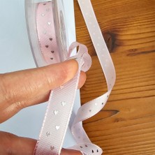 Hobiceyiz Tafta Varak Kalp Baskılı 15 mm Kurdele Pembe Gümüş 20 Metre