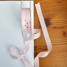 Hobiceyiz Tafta Varak Kalp Baskılı 15 mm Kurdele Pembe Gümüş 20 Metre