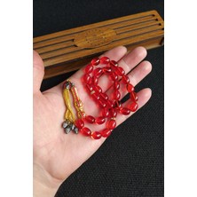 Vip Kehribar 8X11 mm Kırmızı Ateşi Kehribar Tesbih Telkari Imame Püskül Kombinli Tespih Ahşap Kutulu Mesajlı
