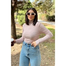 New Laviva Kadın Gül Kurusu , Uzun Kol, Vucüda Oturan Esnek Kumaş, Düğme Manşet, Örgü Desen, Triko Bluz