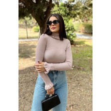 New Laviva Kadın Gül Kurusu Fırfırlı Boğazlı Yaka, Uzun Kol, Vucüda Oturan Esnek Kumaş, Düz Desen, Triko Bluz