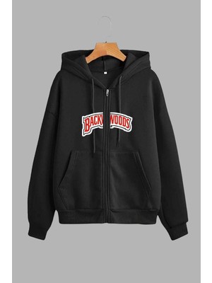 Unisex Siyah Kapüşonlu Sweatshirt Ceket, Eşofman Altı ve T-Shirt 3'lü Takım Backwoods Baskılı