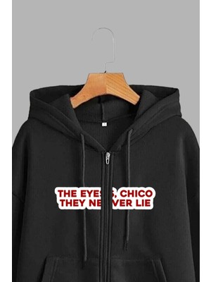 Unisex Siyah Kapüşonlu Sweatshirt Ceket Eyes Never Lie Chico Baskılı