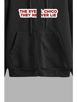 Unisex Siyah Kapüşonlu Sweatshirt Ceket Eyes Never Lie Chico Baskılı