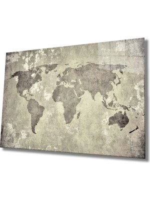 Miray Life Gri Eskitme Dünya Haritası  Cam Tablo